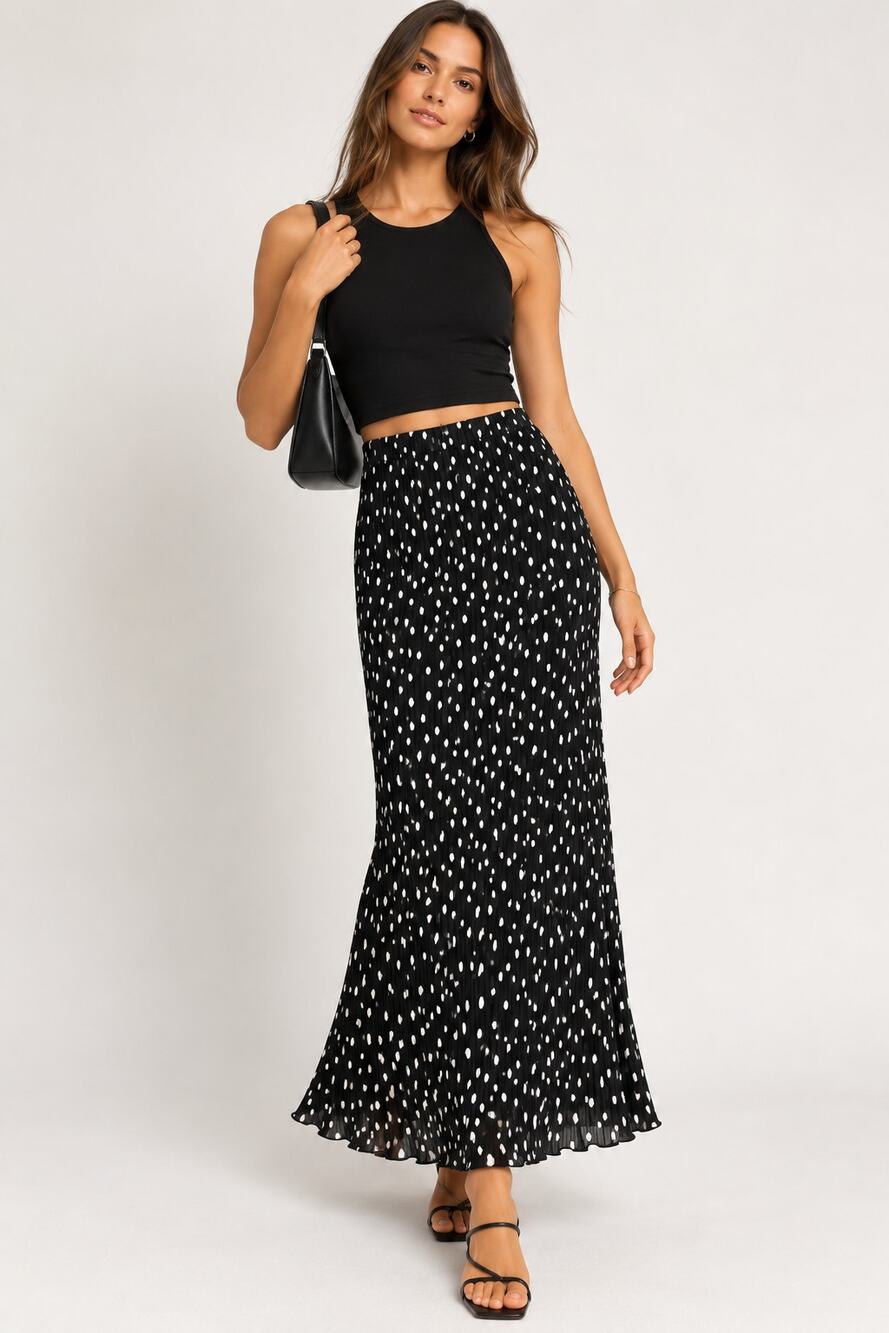 ASOS Design Plisse Maxi Skirt US 8 Tall Black White Polka Dot Pleated Elastic